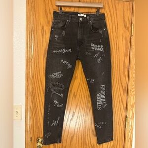 Zara Black Jeans with Graphic Graffiti Details - Size 31